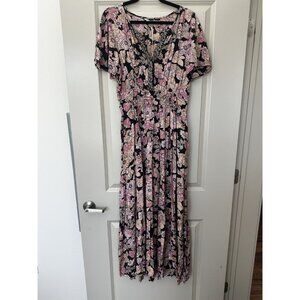 Natural Life NWT Bella Floral Print Maxi Dress Pink Black Short Sleeve Sze Large